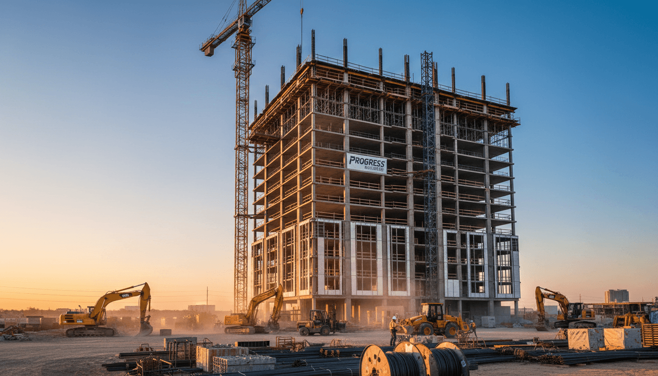 Construction workers on site building residential structure with modern safety equipment
