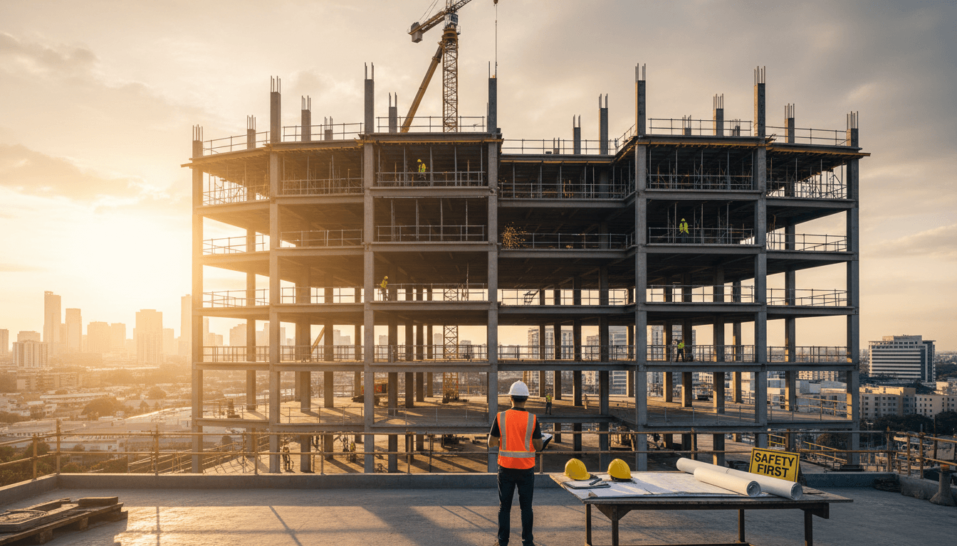 12M Projects construction site showing completed residential structure with professional team