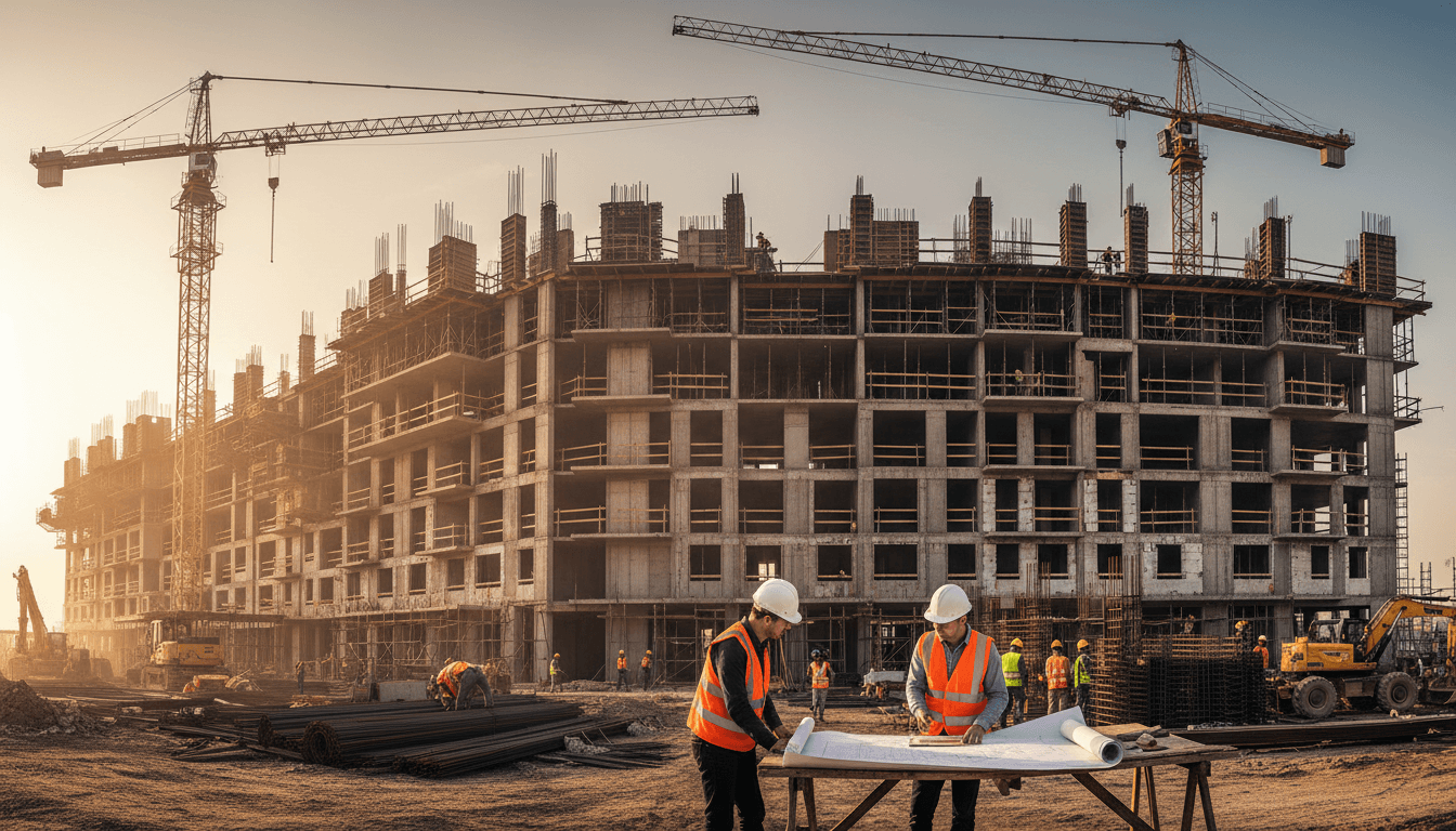 Construction team working on residential building project with safety protocols in place